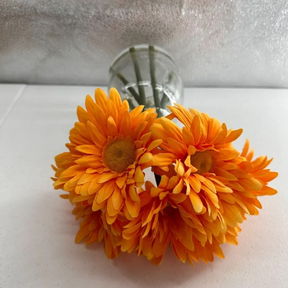 Artificial Orange Gerbera Daisy Bouquet Clear Glass Vase Centerpiece Fall Faux b